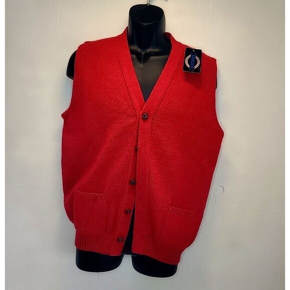 Vintage Jantzen Sweater Vest Men Large Red Button Holiday Preppy Cardigan Scotch - Picture 1 of 9